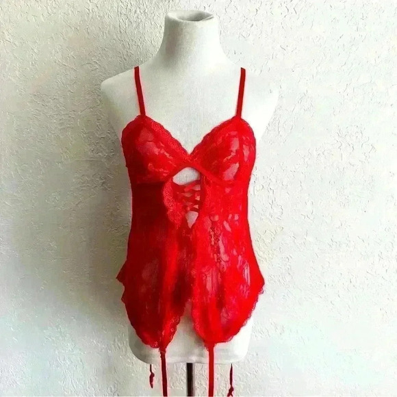 Red lace bustier with removable garter straps size medium - Picture 5 of 11